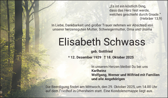 Traueranzeige von Elisabeth Schwass von Schwetzinger Zeitung