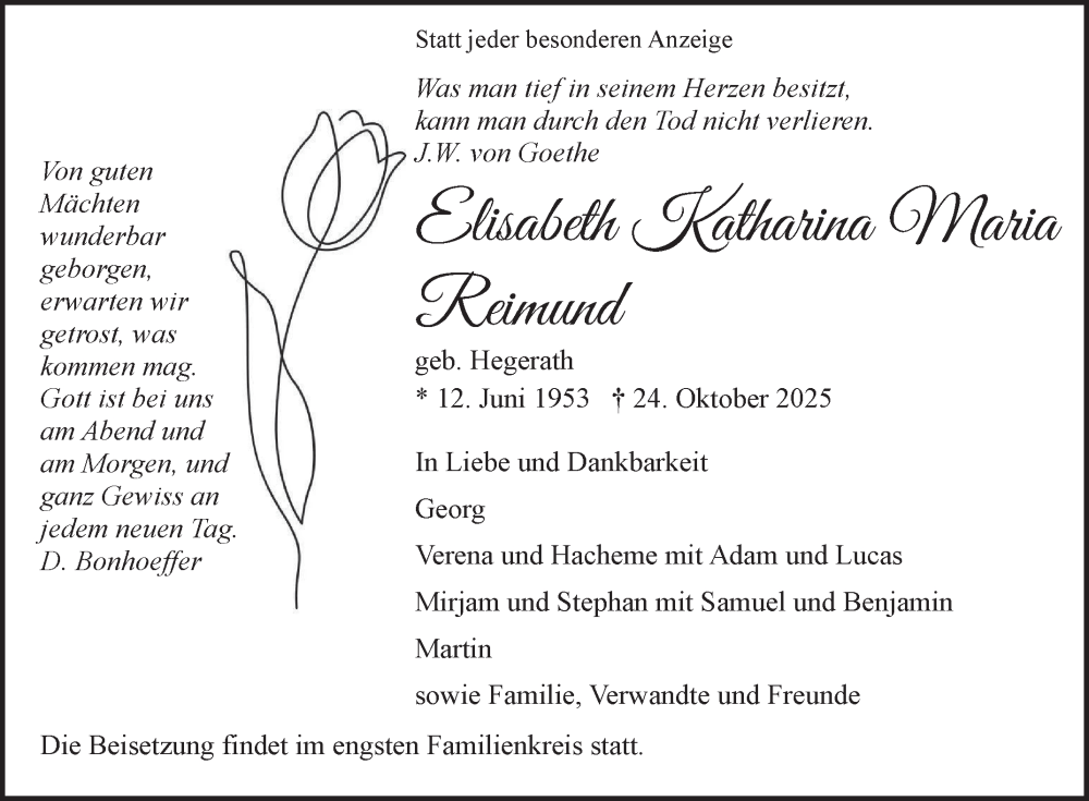  Traueranzeige für Elisabeth Katharina Maria Reimund vom 31.10.2025 aus Bergsträßer Anzeiger