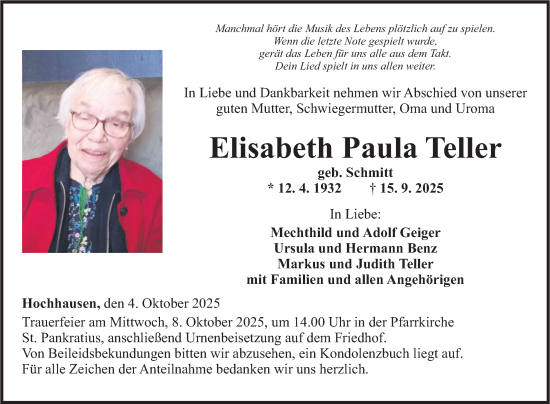 Traueranzeige von Elisabeth Paula Teller von Fränkische Nachrichten