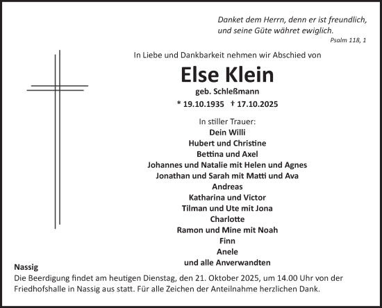 Traueranzeige von Else Klein von Fränkische Nachrichten