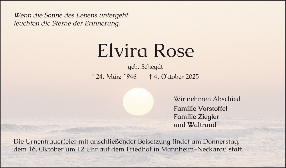  Traueranzeige für Elvira Rose vom 11.10.2025 aus Mannheimer Morgen