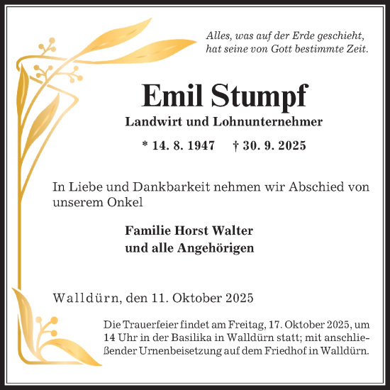 Traueranzeige von Emil Stumpf von Fränkische Nachrichten