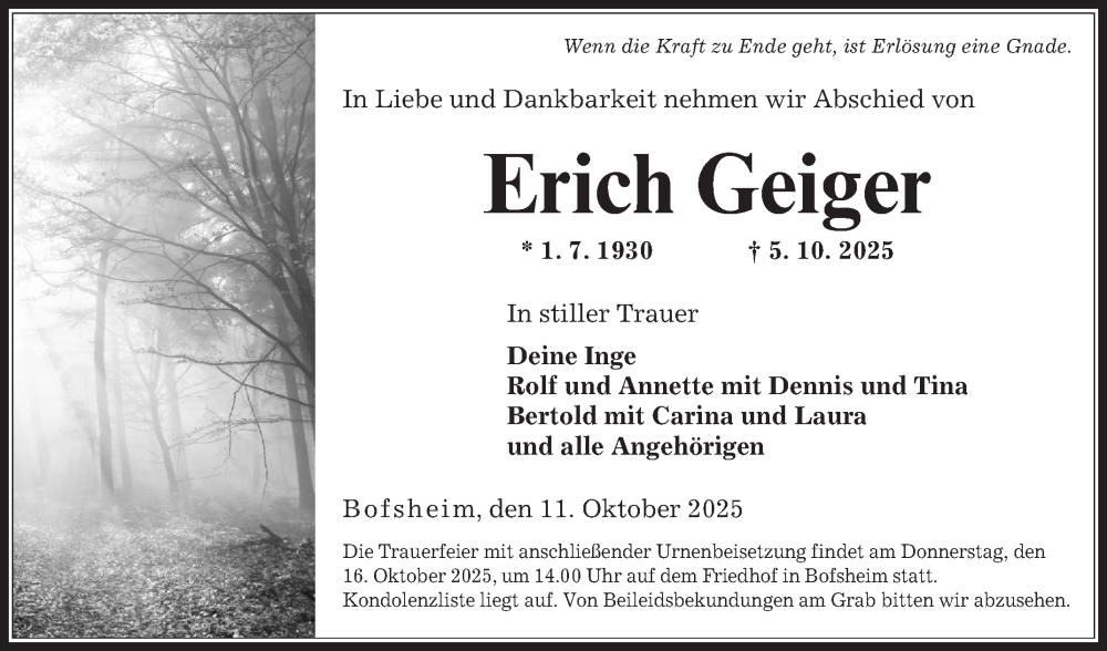  Traueranzeige für Erich Geiger vom 11.10.2025 aus Fränkische Nachrichten