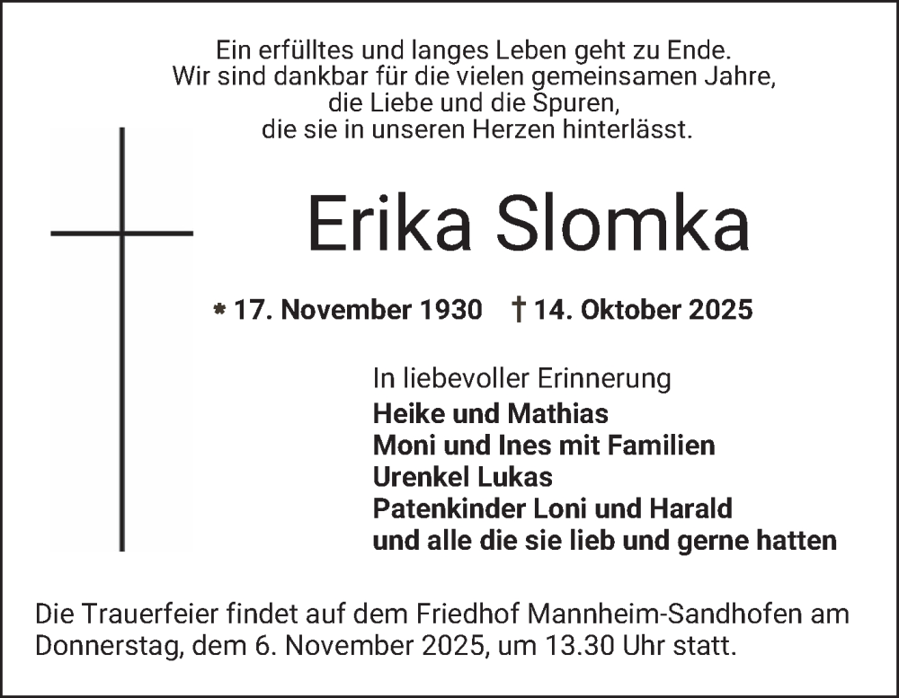  Traueranzeige für Erika Slomka vom 31.10.2025 aus Mannheimer Morgen