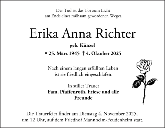Traueranzeige von Erika Anna Richter von Mannheimer Morgen