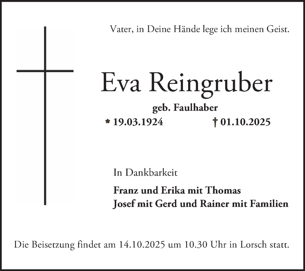  Traueranzeige für Eva Reingruber vom 11.10.2025 aus Bergsträßer Anzeiger