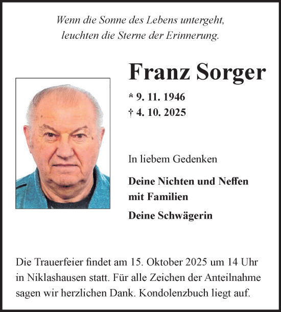 Traueranzeige von Franz Sorger von Fränkische Nachrichten