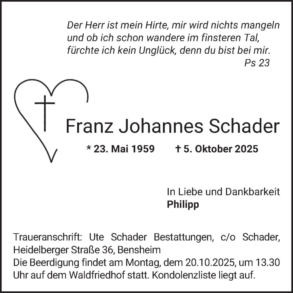  Traueranzeige für Franz Johannes Schader vom 11.10.2025 aus Bergsträßer Anzeiger