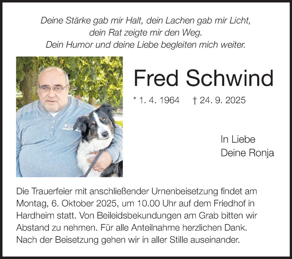  Traueranzeige für Fred Schwind vom 04.10.2025 aus Fränkische Nachrichten