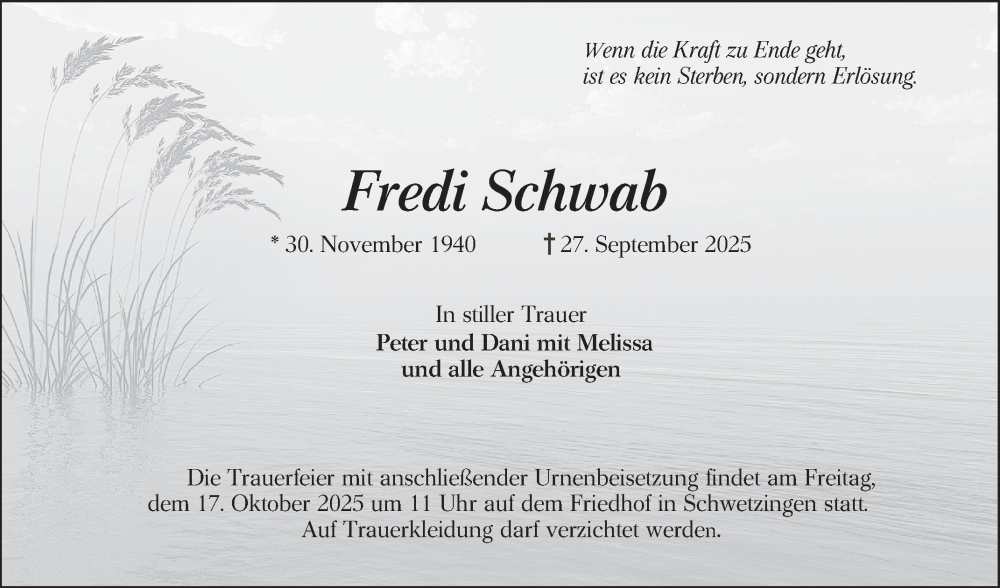  Traueranzeige für Fredi Schwab vom 11.10.2025 aus Schwetzinger Zeitung