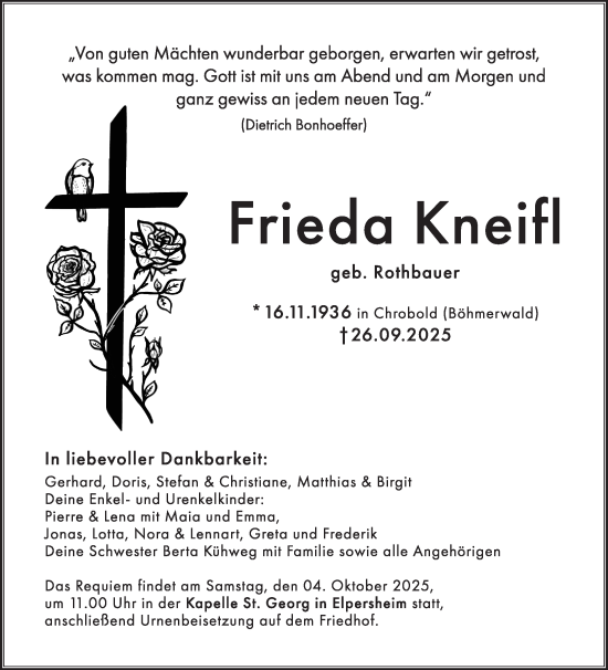 Traueranzeige von Frieda Kneifl von Fränkische Nachrichten