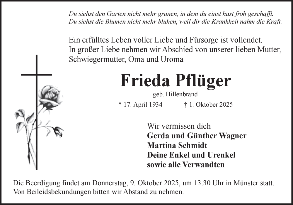  Traueranzeige für Frieda Pflüger vom 07.10.2025 aus Fränkische Nachrichten