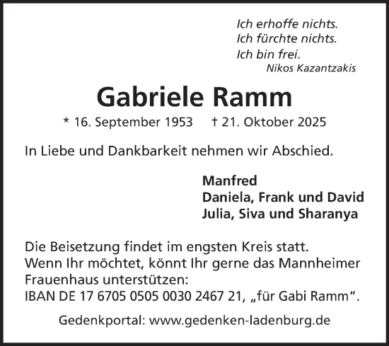 Traueranzeige von Gabriele Ramm von Mannheimer Morgen