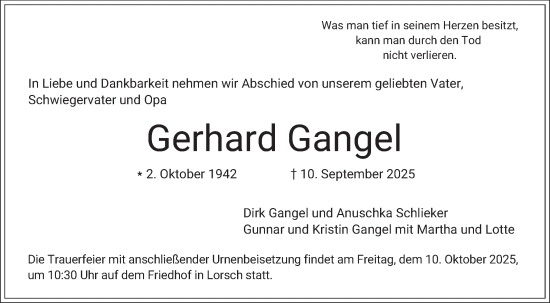 Traueranzeige von Gerhard Gangel von Bergsträßer Anzeiger