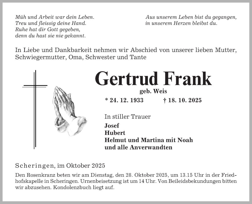  Traueranzeige für Gertrud Frank vom 25.10.2025 aus Fränkische Nachrichten
