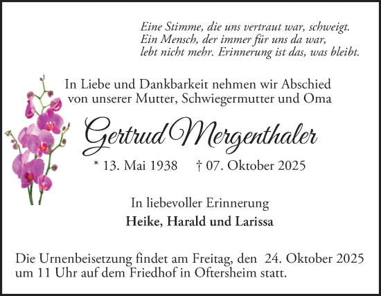 Traueranzeige von Gertrud Mergenthaler von Schwetzinger Zeitung