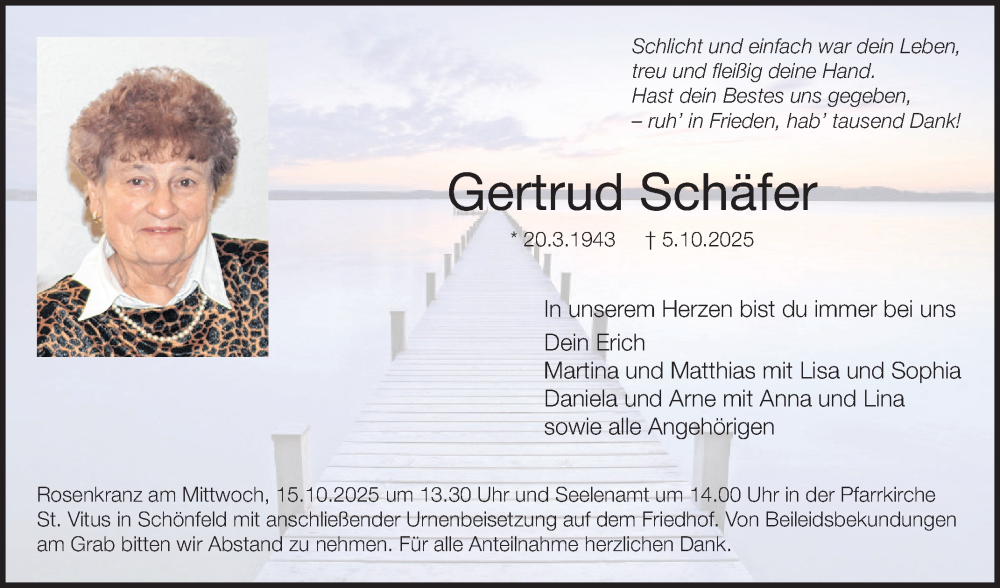  Traueranzeige für Gertrud Schäfer vom 11.10.2025 aus Fränkische Nachrichten