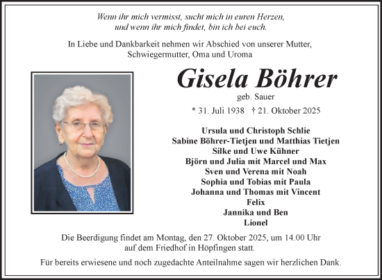 Traueranzeige von Gisela Böhrer von Fränkische Nachrichten