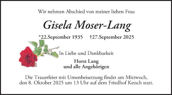 Traueranzeige von Gisela Moser-Lang von Schwetzinger Zeitung