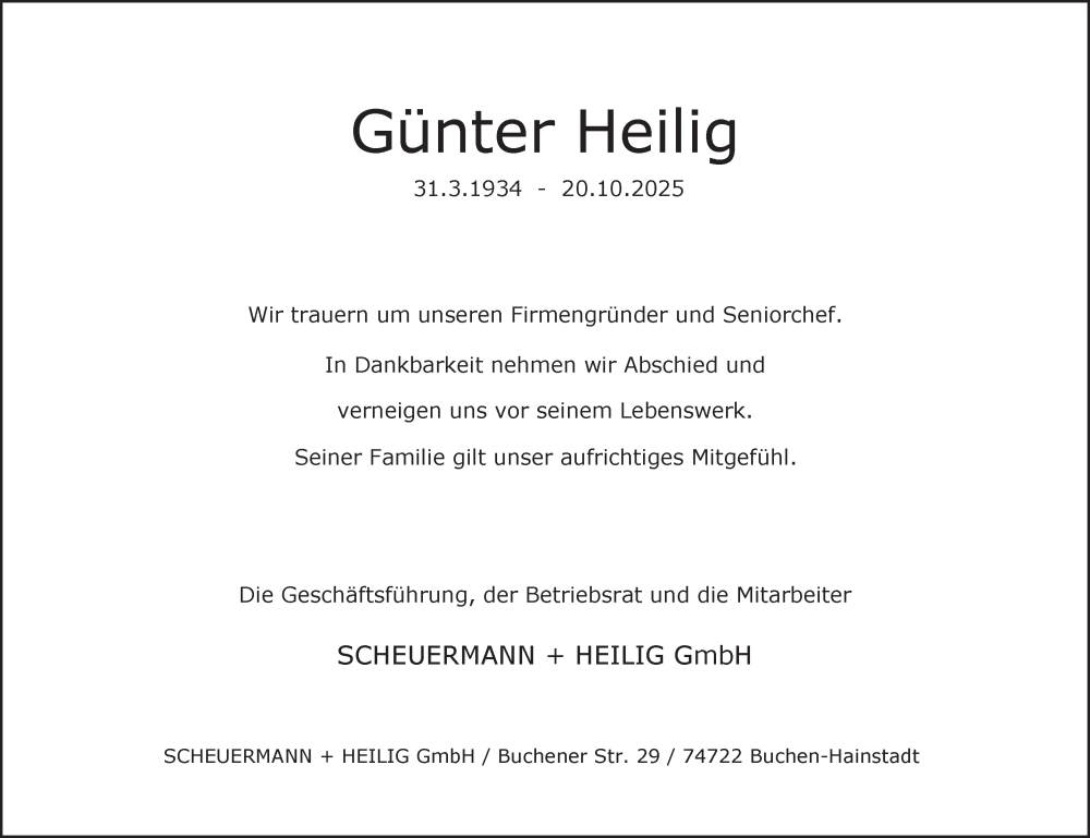 Traueranzeige für Günter Heilig vom 25.10.2025 aus Fränkische Nachrichten