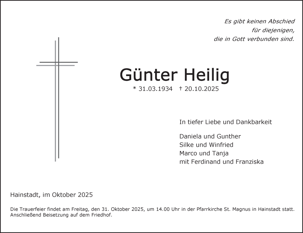  Traueranzeige für Günter Heilig vom 25.10.2025 aus Fränkische Nachrichten