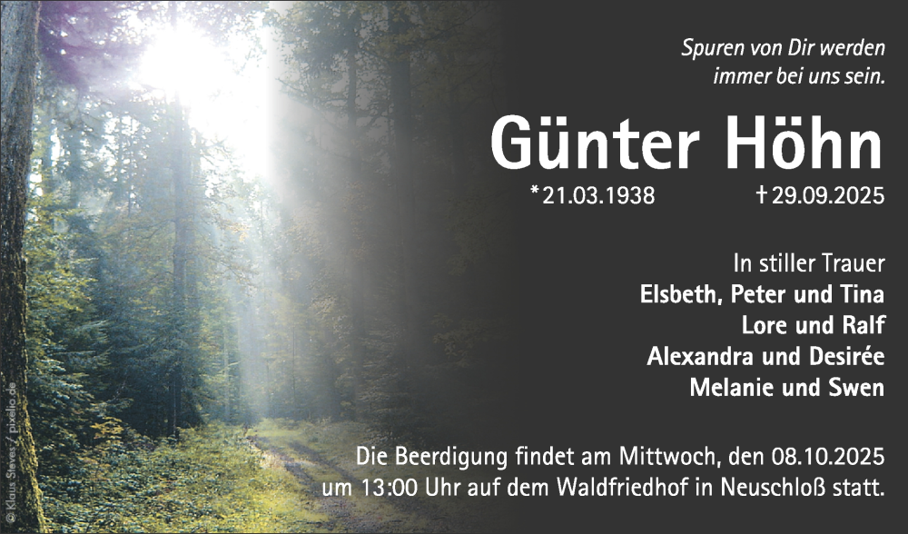  Traueranzeige für Günter Höhn vom 04.10.2025 aus Mannheimer Morgen