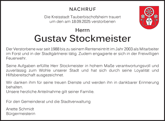Traueranzeige von Gustav Stockmeister von Fränkische Nachrichten