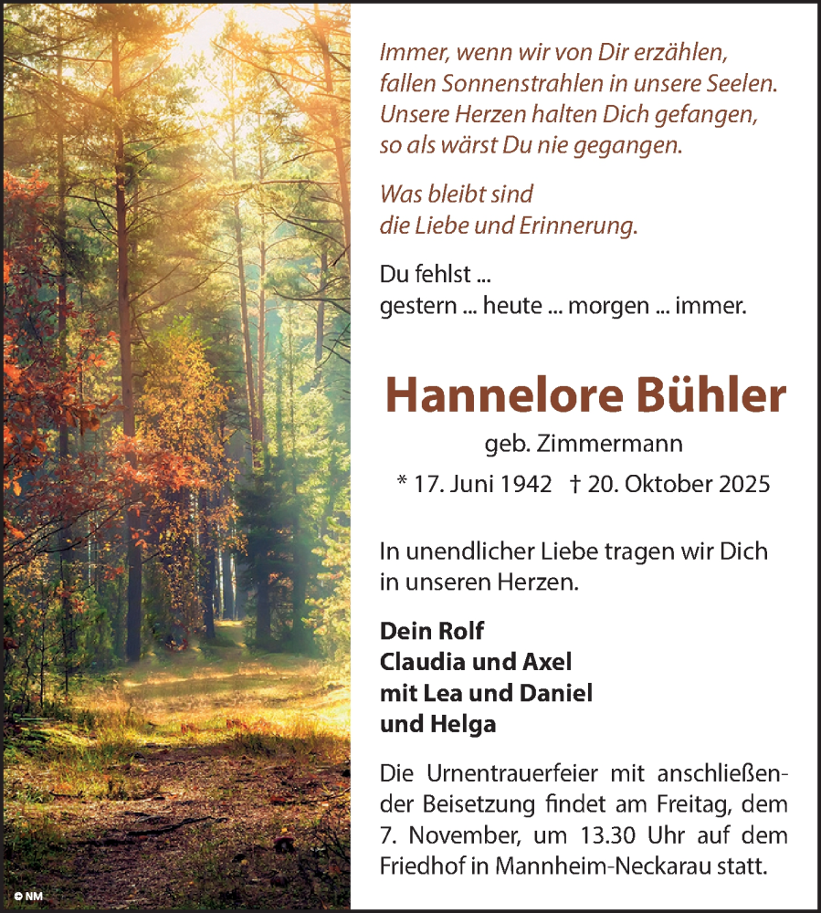  Traueranzeige für Hannelore Bühler vom 25.10.2025 aus Mannheimer Morgen