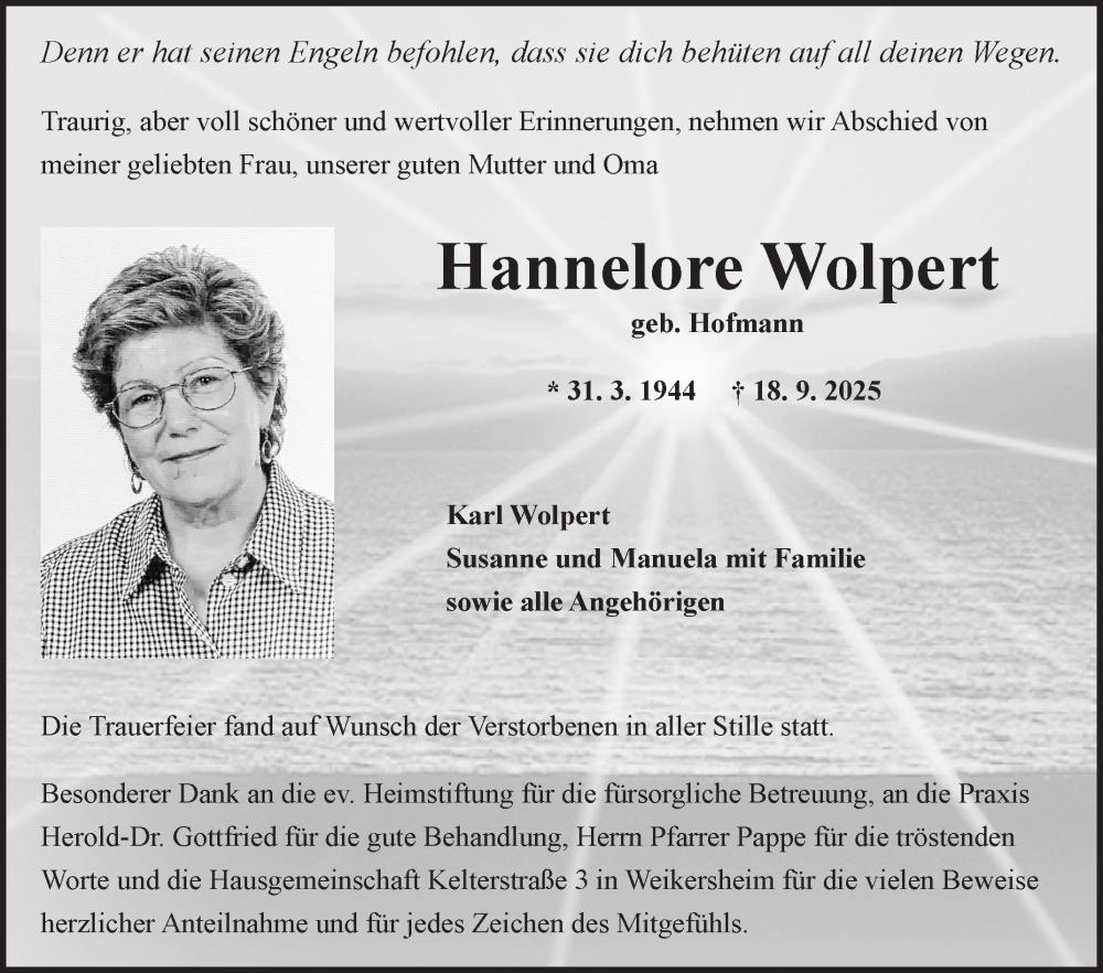  Traueranzeige für Hannelore Wolpert vom 06.10.2025 aus Fränkische Nachrichten