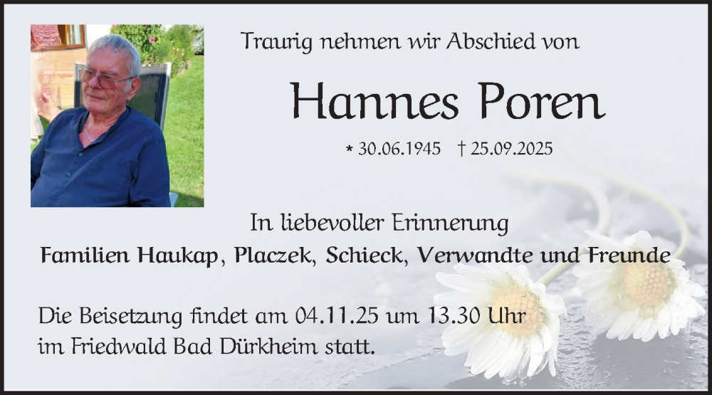  Traueranzeige für Hannes Poren vom 25.10.2025 aus Mannheimer Morgen