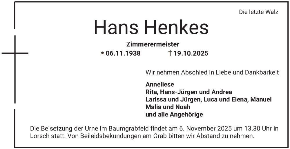  Traueranzeige für Hans Henkes vom 25.10.2025 aus Bergsträßer Anzeiger