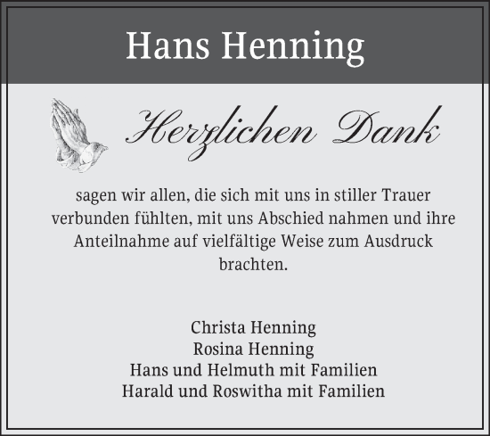 Traueranzeige von Hans  Henning von Fränkische Nachrichten