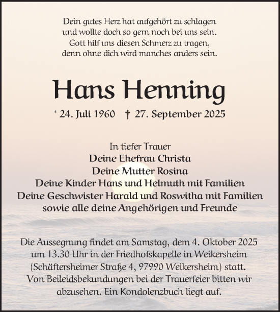 Traueranzeige von Hans  Henning von Fränkische Nachrichten