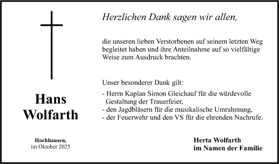Traueranzeige von Hans Wolfarth von Fränkische Nachrichten