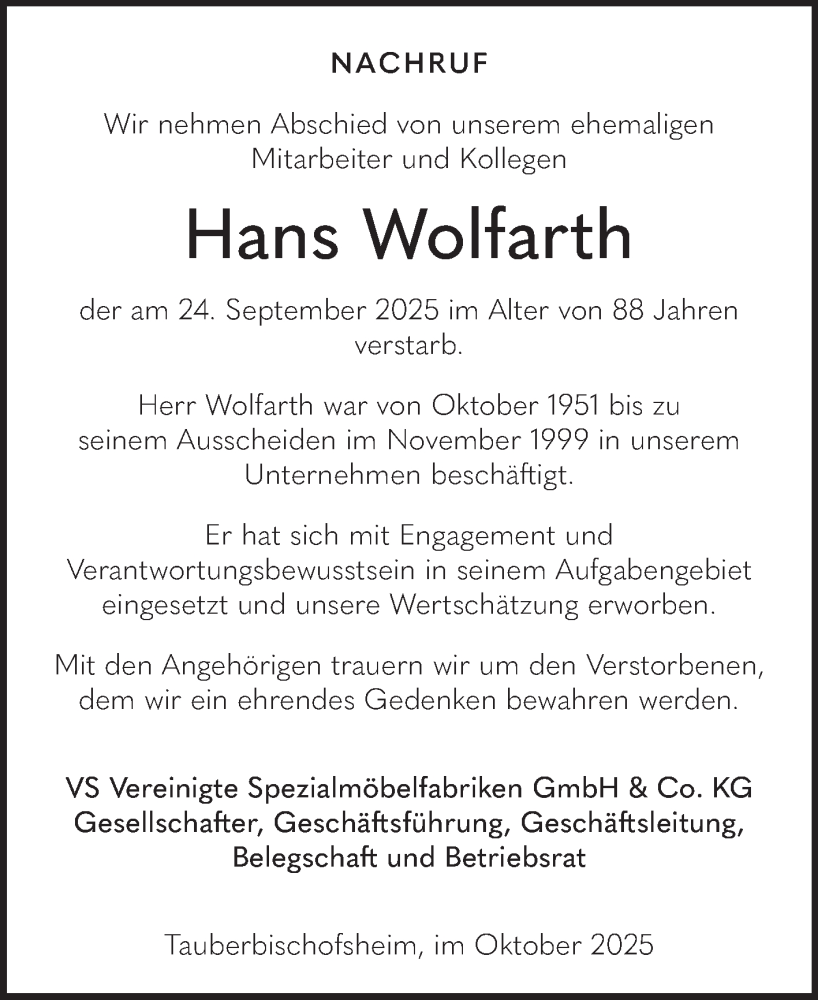  Traueranzeige für Hans Wolfarth vom 02.10.2025 aus Fränkische Nachrichten