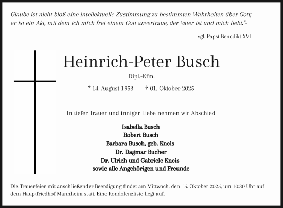 Traueranzeige von Heinrich-Peter Busch von Mannheimer Morgen