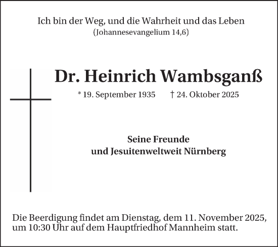 Traueranzeige von Heinrich Wambsganß von Mannheimer Morgen