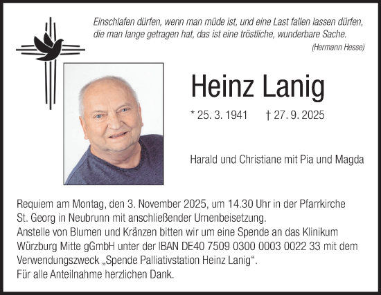 Traueranzeige von Heinz Lanig von Fränkische Nachrichten