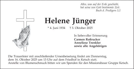 Traueranzeige von Helene Jünger von Schwetzinger Zeitung