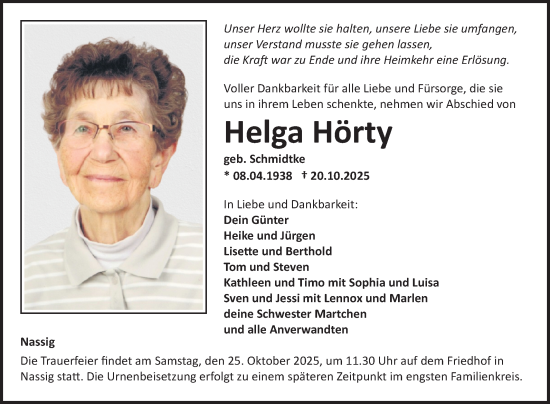 Traueranzeige von Helga Hörty von Fränkische Nachrichten