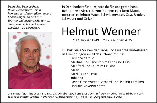 Traueranzeige von Helmut Wenner von Fränkische Nachrichten