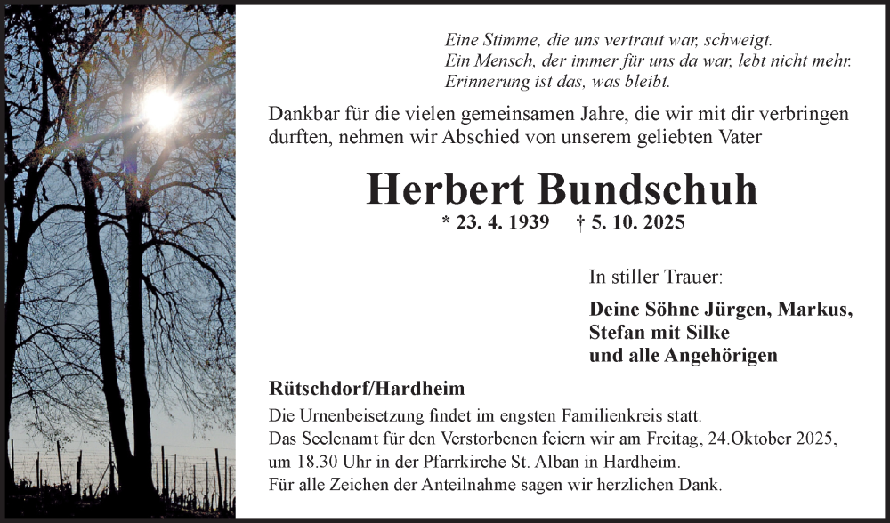  Traueranzeige für Herbert Bundschuh vom 20.10.2025 aus Fränkische Nachrichten