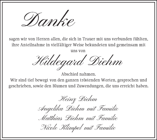 Traueranzeige von Hildegard Diehm von Fränkische Nachrichten
