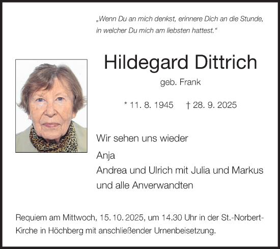 Traueranzeige von Hildegard Dittrich von Fränkische Nachrichten