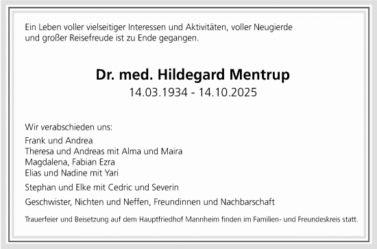 Traueranzeige von Hildegard Mentrup von Mannheimer Morgen