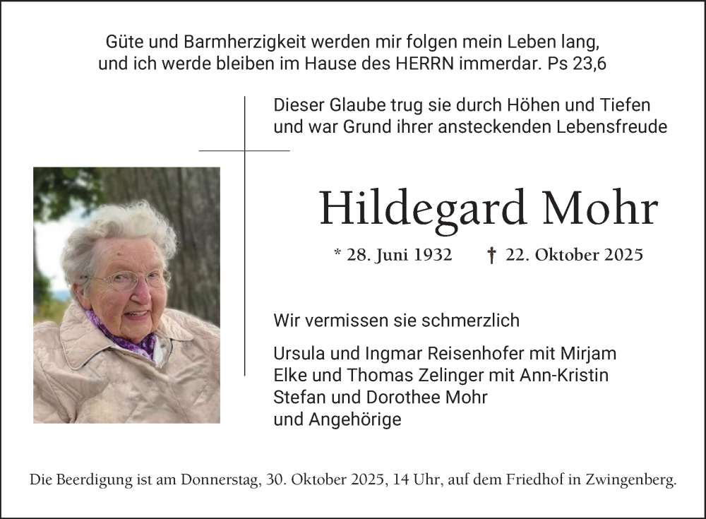  Traueranzeige für Hildegard Mohr vom 25.10.2025 aus Bergsträßer Anzeiger