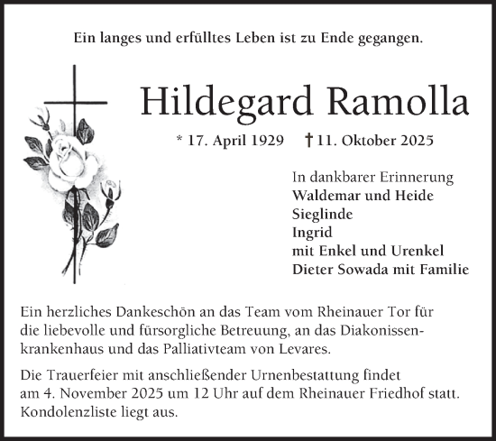 Traueranzeige von Hildegard Ramolla von Mannheimer Morgen