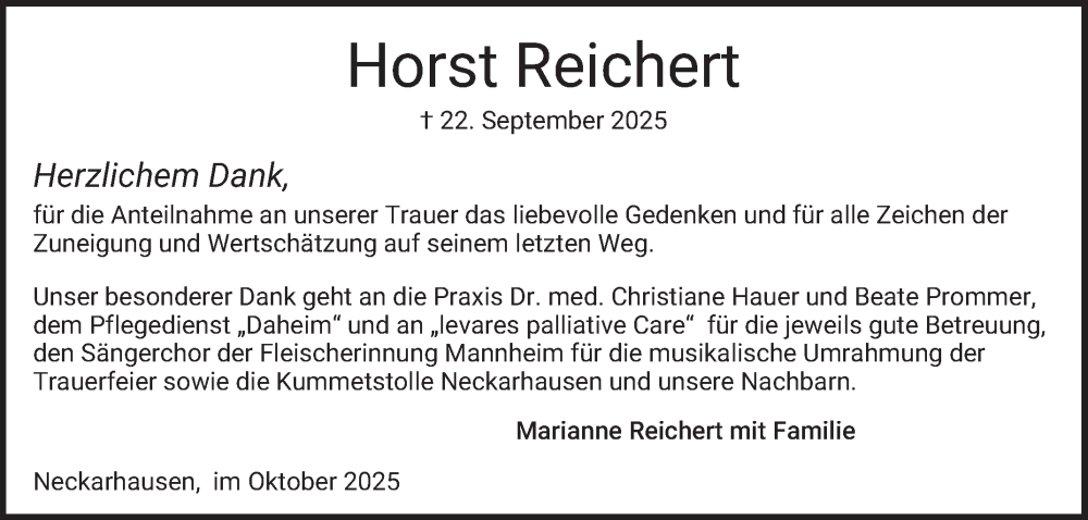  Traueranzeige für Horst Reichert vom 18.10.2025 aus Mannheimer Morgen