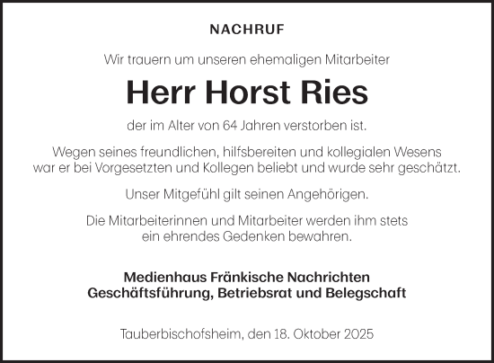 Traueranzeige von Horst Ries von Fränkische Nachrichten
