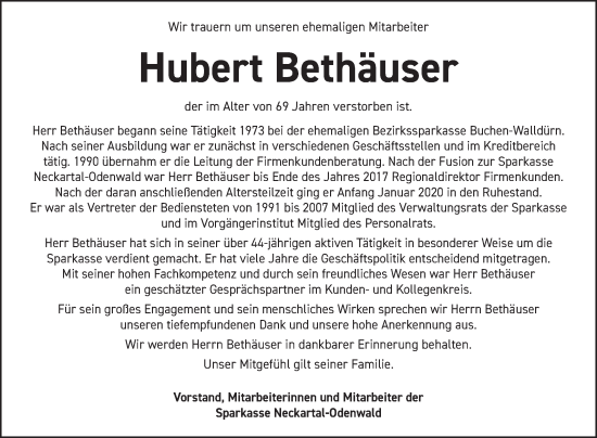 Traueranzeige von Hubert Bethäuser von Fränkische Nachrichten